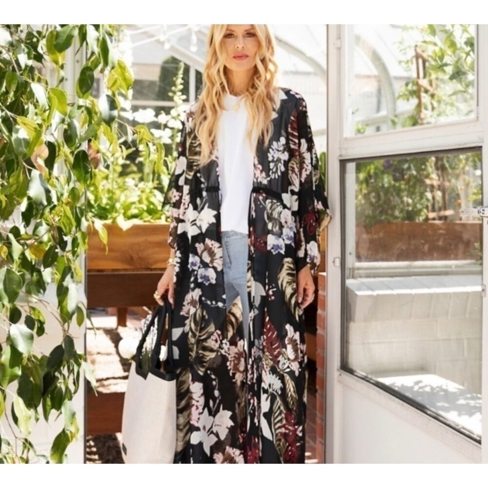 Walter Baker Tulum Caftan O/S Tropical Print Black